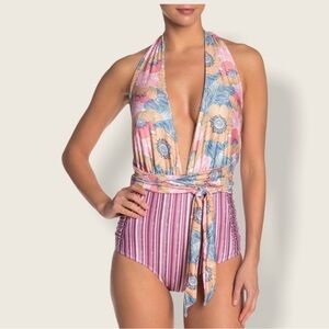 Nicole Miller New York Convertible One-Piece Swimsuit striped floral retro Med